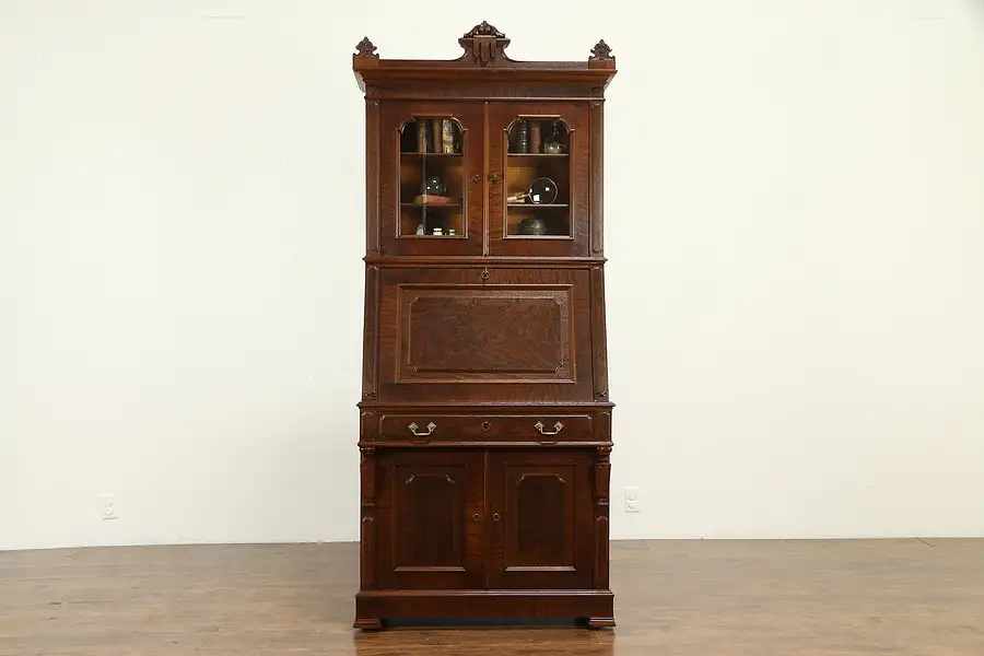 Main image of Victorian Eastlake Antique Secretary Desk & Bookcase Curly Maple Interior