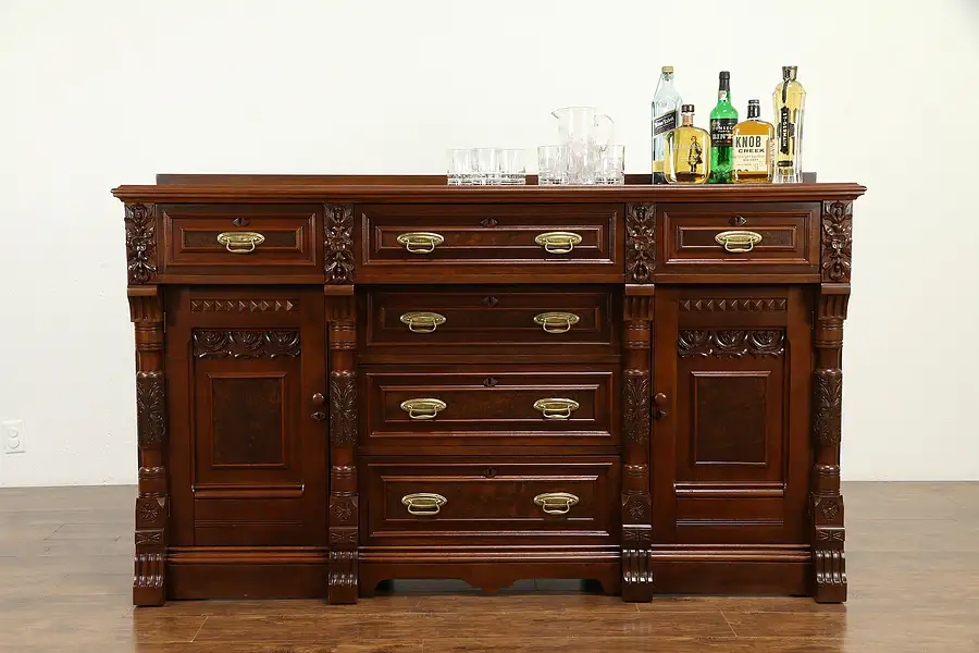 Main image of Walnut & Burl Antique English Sideboard, Back Bar, Server or Buffet