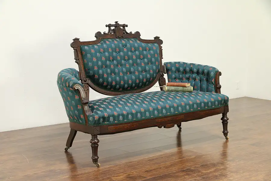 Main image of Victorian Renaissance Antique 1870 Walnut Loveseat, Recent Upholstery