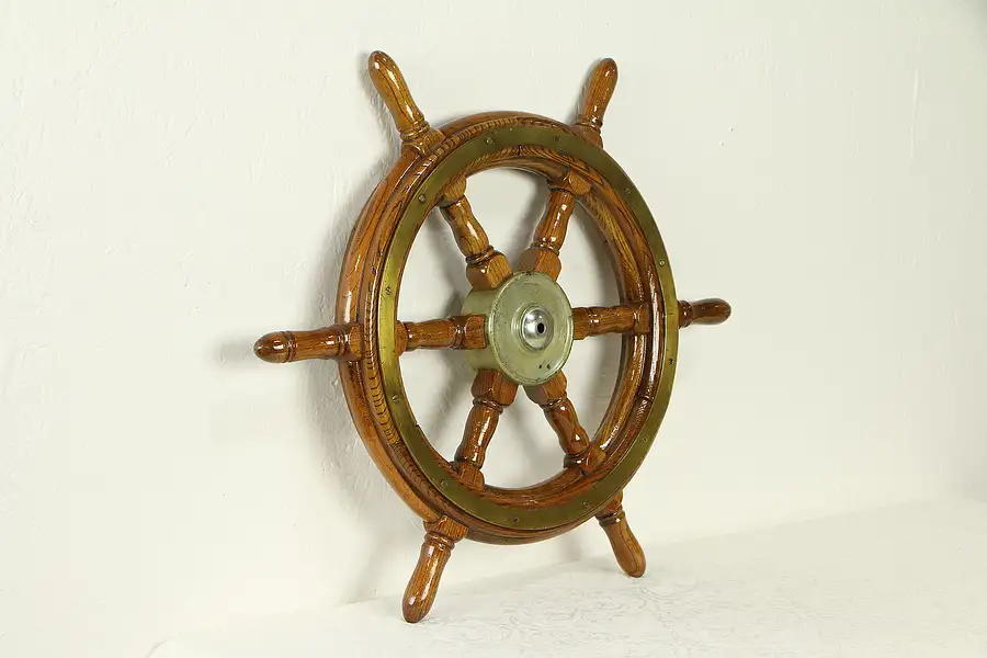 Main image of Oak Antique 1920 Salvage Ship or Boat Wheel, Brass Mounts