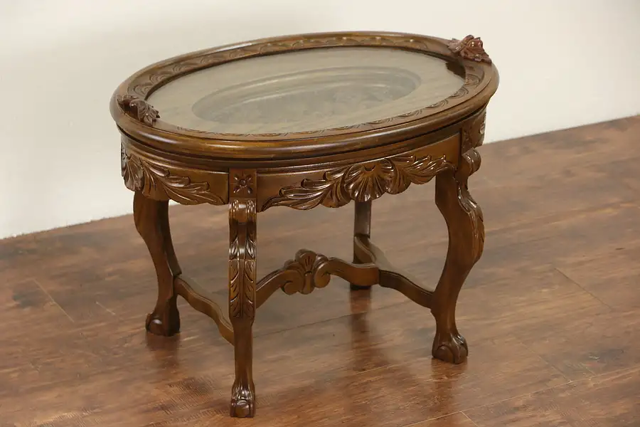 Main image of Carved 1930's Vintage Coffee Table, Glass Tray Top