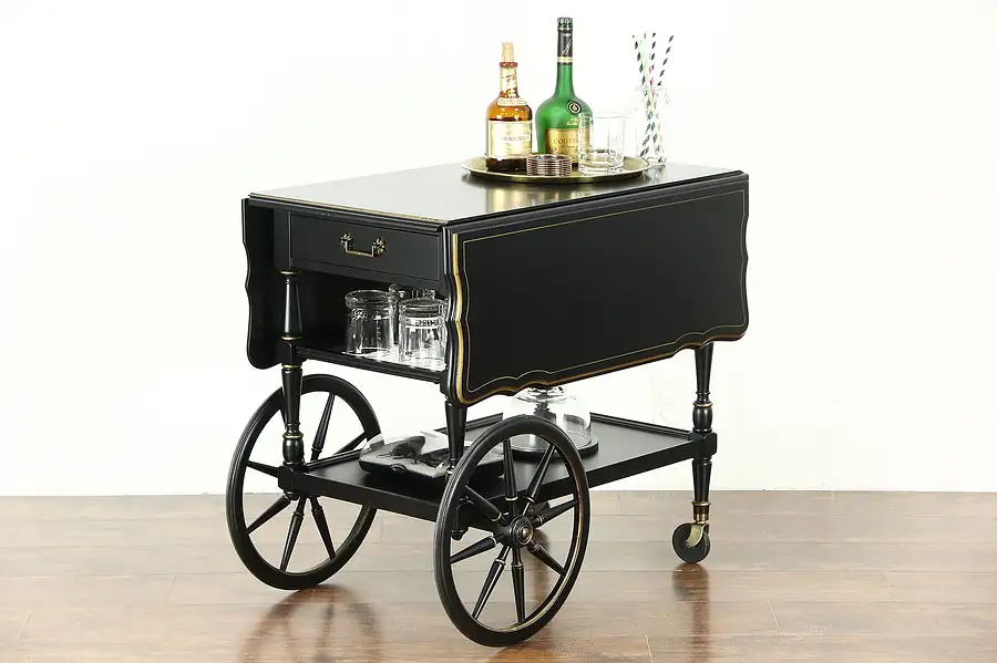 Main image of Hekman Signed Vintage Tea Cart or Beverage Trolley, Black Lacquer