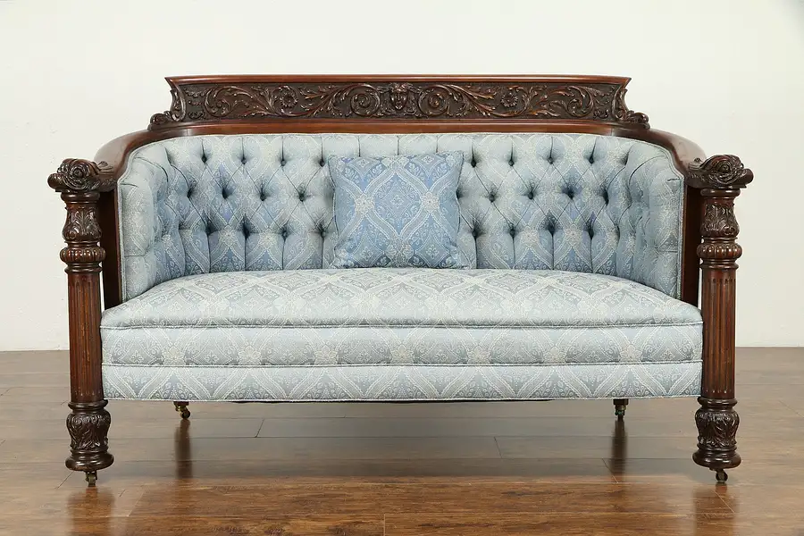 Main image of Mahogany Antique Loveseat or Sofa, Carved Dolphin & Angel Heads, Karpen