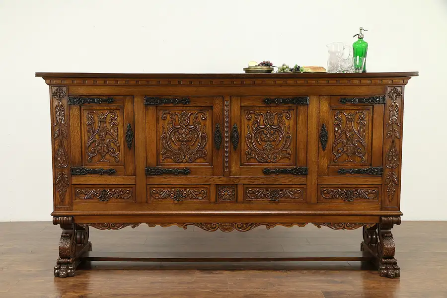 Main image of Spanish Hand Carved Oak 1915 Antique Signed Credenza Cabinet, Iron Mounts