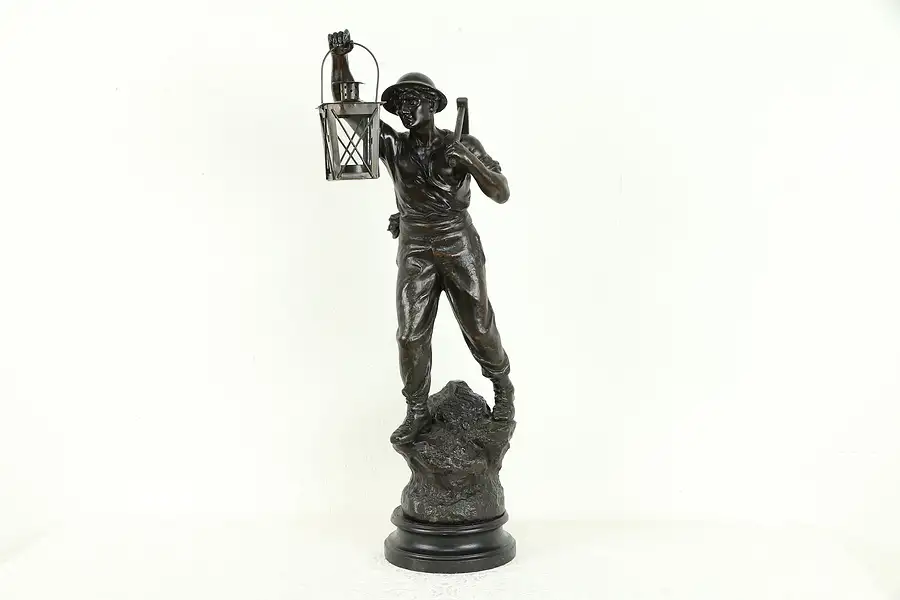 Main image of Coal Miner with Pickax, Antique 1900's French Statue, Signed J. Becox