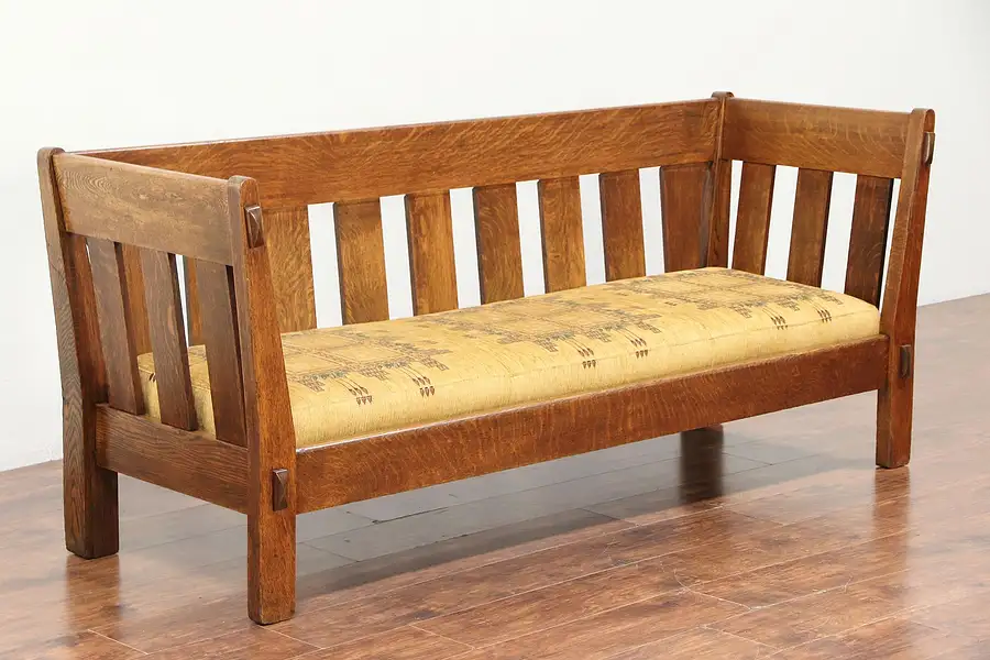 Main image of Arts & Crafts Mission Oak Antique Craftsman Settee Sofa, New Upholstery