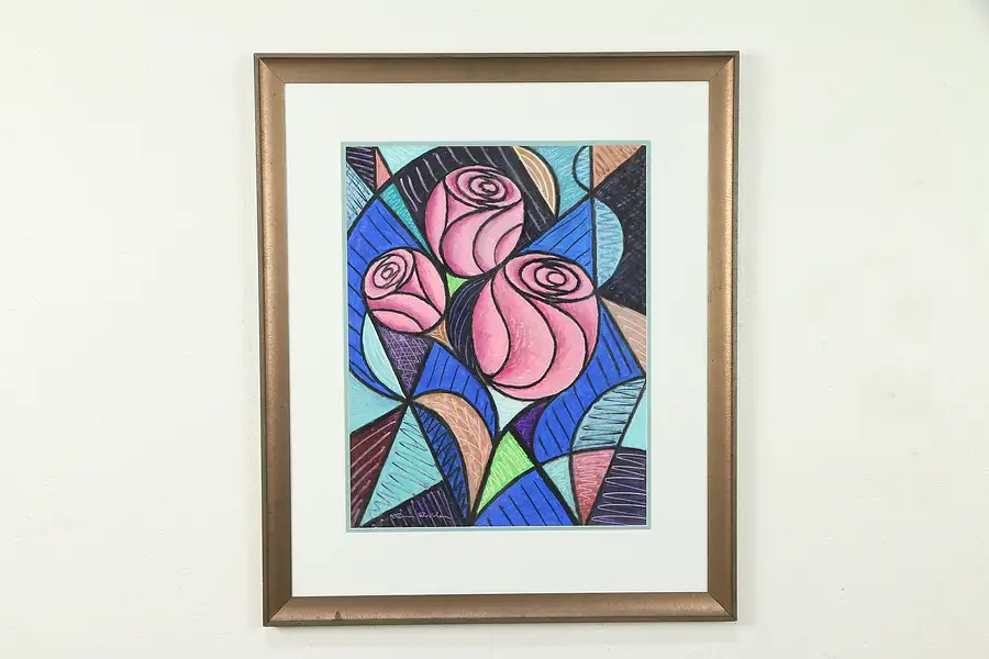 Main image of Three Roses, Original Oil Pastel Painting, Custom Frame, Bruce Bodden