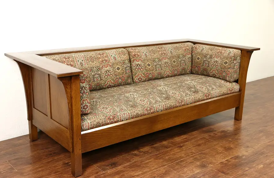 Main image of Stickley Signed Craftsman Oak Vintage Sofa, Original Upholstery