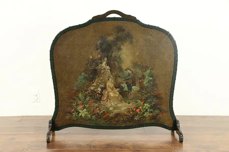 Main image of Fireplace Screen Antique Hand Painted Garden Courting Scene