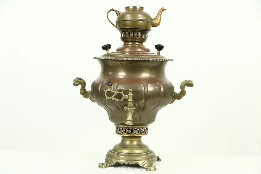 Main image of Russian Antique Copper & Brass Signed Samovar Tea Kettle with Tea Pot