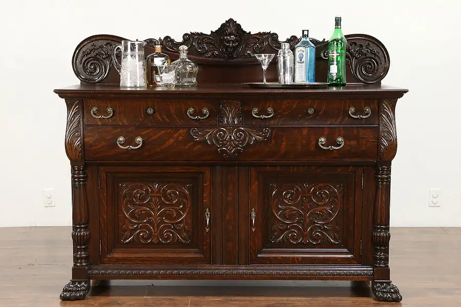 Main image of Victorian Oak Sideboard, Server or Buffet, Carved Head & Paw Feet