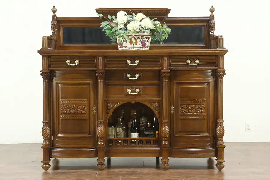 Main image of Oak Antique Carved Lion Sideboard, Server, Buffet or Back Bar, Beveled Mirror