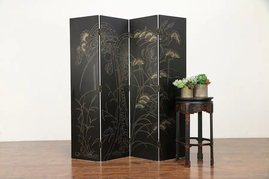 Main image of Black Lacquer Hand Painted Vintage 4 Panel Chinese Screen