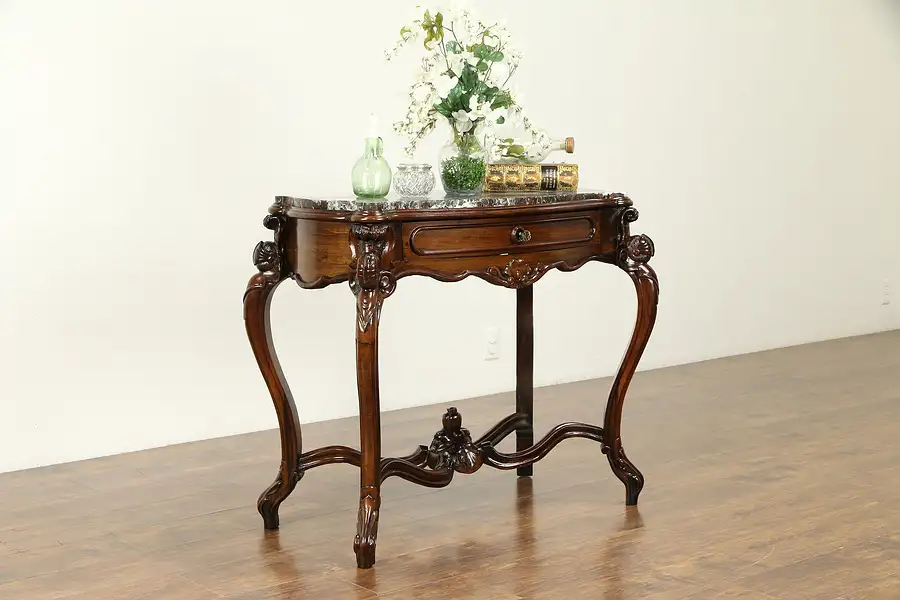 Main image of Victorian Antique Rosewood Parlor Lamp or Hall Console Table, Red Marble