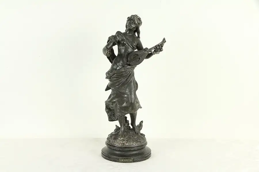 Main image of La Poesie or Poetry, Antique French Statue, Young Woman & Mandolin