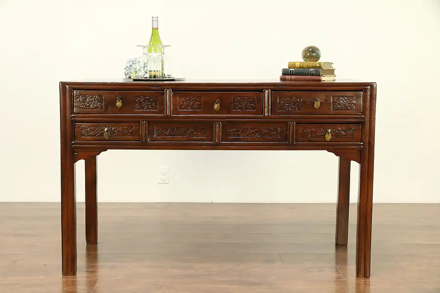 Main image of Chinese Carved Pine Antique Hall Console Sofa Table, Secret Compartment