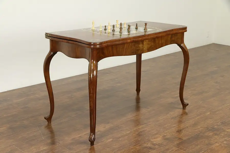 Main image of French Antique Console, Opens to Game Table, Pearl & Bronze Chessboard