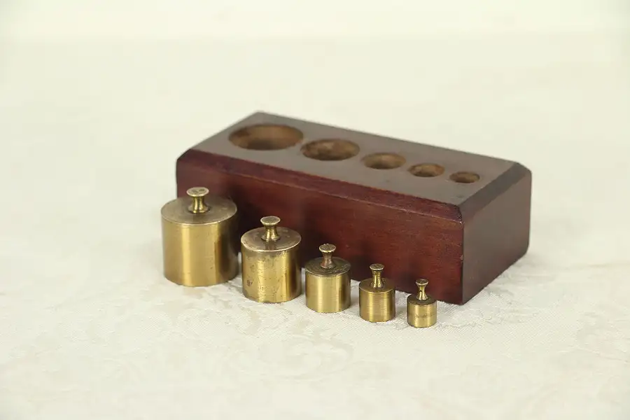 Main image of Set of 5 Antique Brass Scale Weight Set, 5-100 Grams, Case