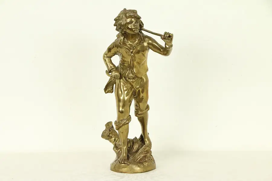 Main image of Wine Grape Harvest Sculpture, Vintage Cast Brass Statue of a Young Man