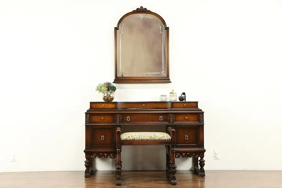 Main image of English Tudor Style Antique 1920 Walnut Dressing Table, Bench & Mirror