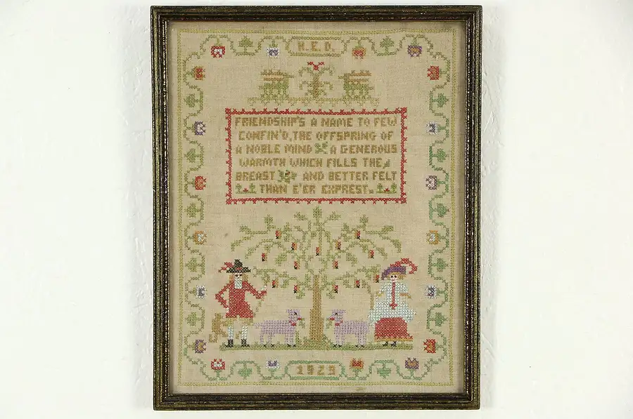 Main image of Sampler, Hand Stitched & Signed Needlework on Linen, Dated 1929