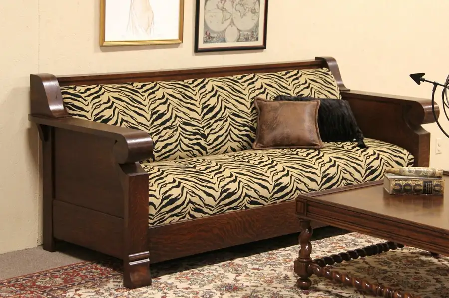 Main image of Oak 1900 Antique Craftsman Sofa or Settee, Newly Upholstered Animal Print