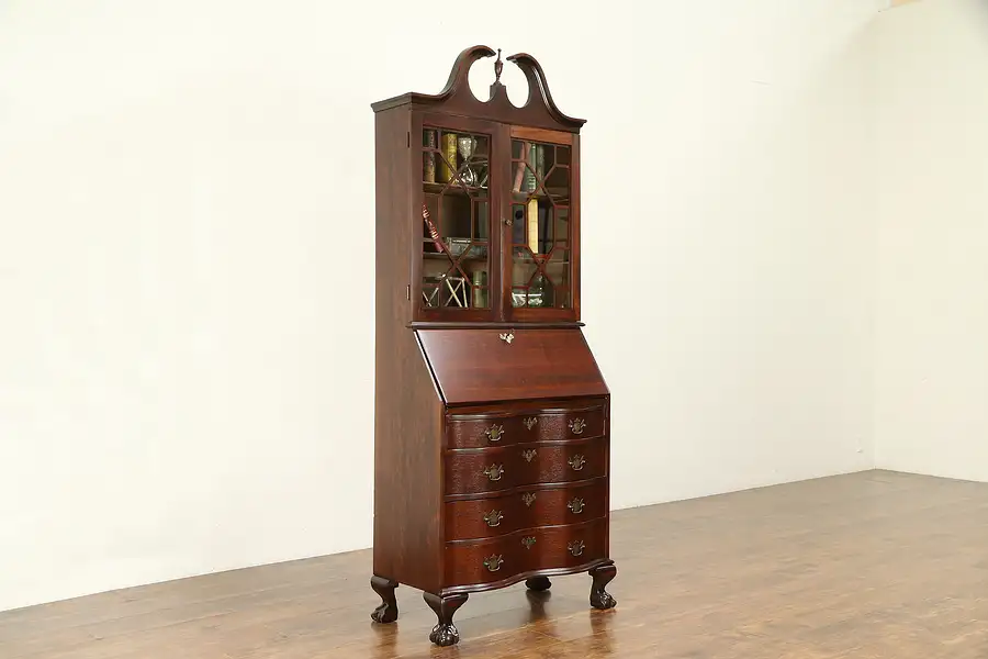 Main image of Traditional 1930's Vintage Carved Mahogany Secretary Desk & Bookcase