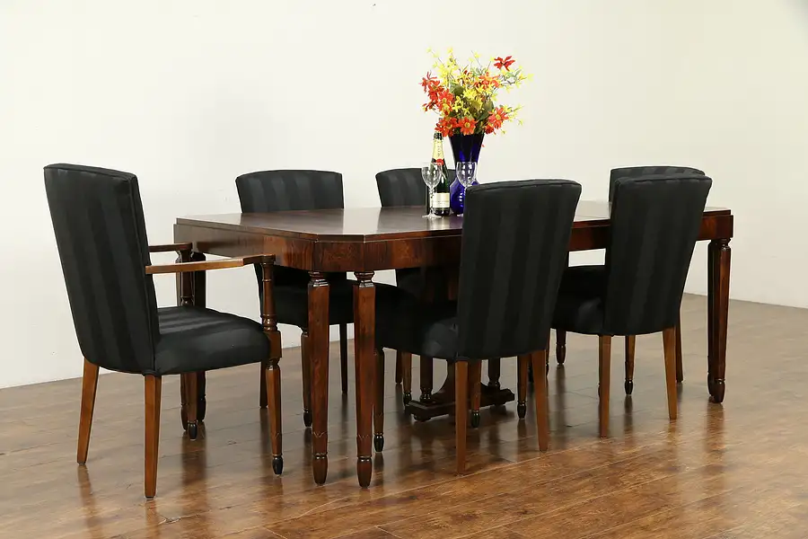 Main image of French Art Deco Antique Rosewood Dining Set, 6 Chairs, Table & Leaf