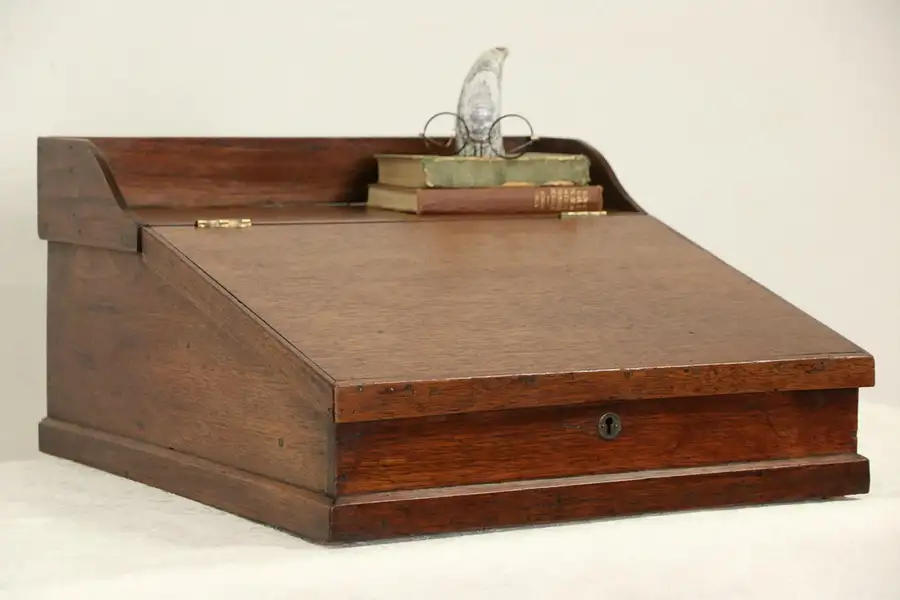 Main image of Schoolmaster Tabletop 1860 Antique Walnut Slant Desk or Book Rest