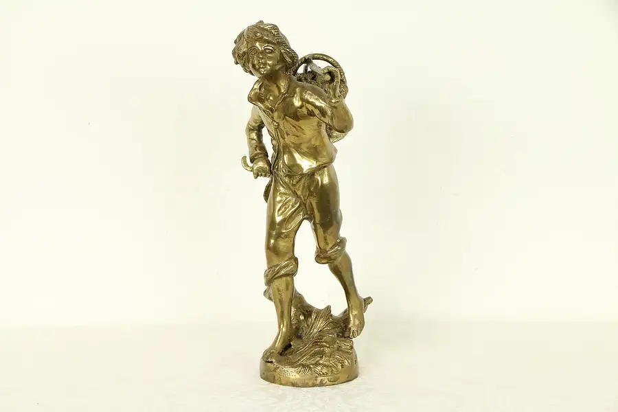 Main image of Wine Grape Harvest Sculpture, Vintage Cast Brass Statue of a Young Man