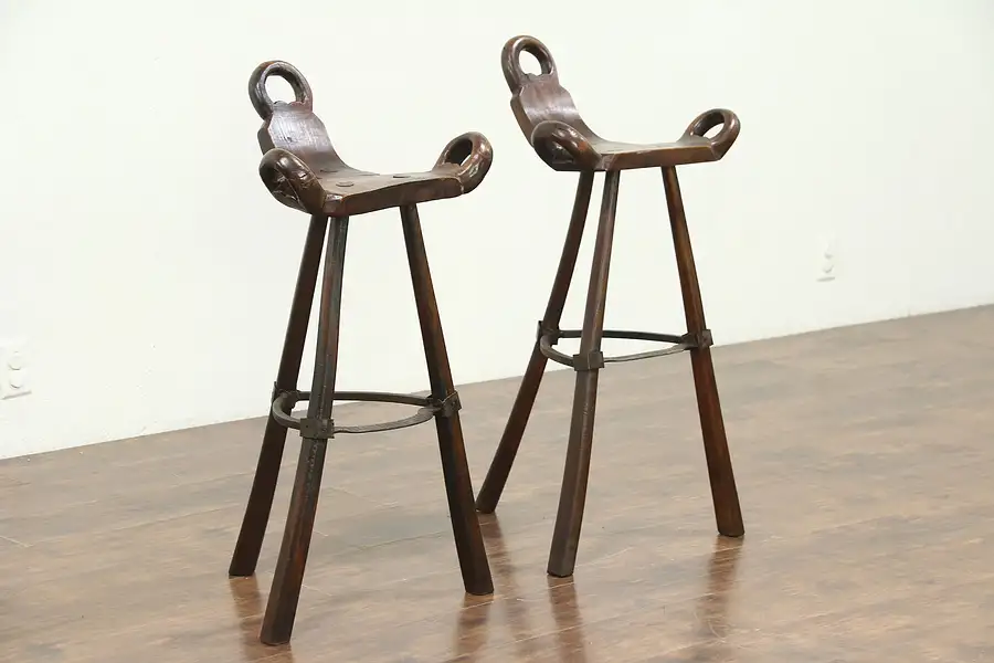 Main image of Pair of Primitive Hand Hewn Ash & Wrought Iron Asian Stools