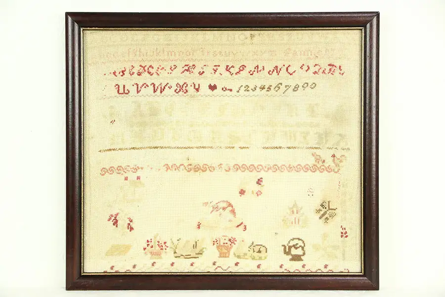 Main image of Sampler, Antique Hand Stitched in Frame, Signed Fannie