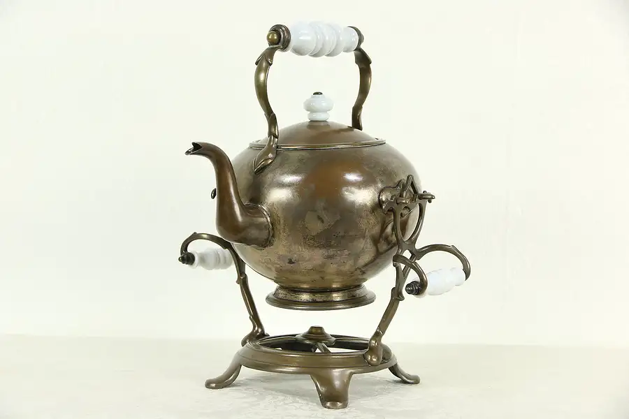 Main image of Tilting Antique 1890 Copper Tea Kettle & Stand, Signed London