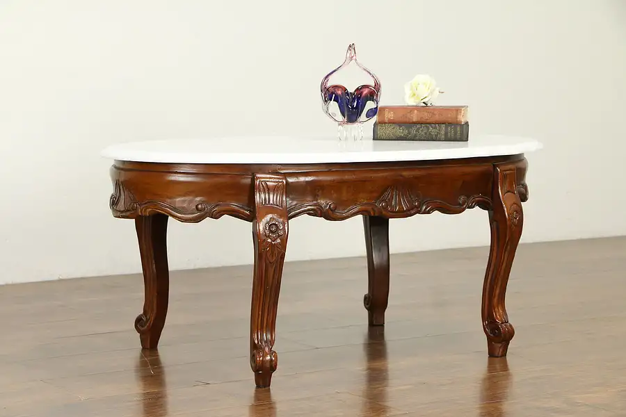 Main image of Victorian Design Vintage Carved Mahogany Coffee Table, Marble Top