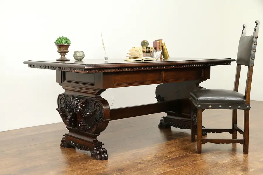 Main image of Italian Renaissance Antique Library Desk or Dining Table, Lions & Paws