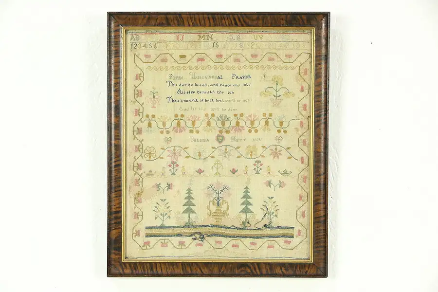 Main image of Linen Antique Needlework Popes Prayer Sampler, Signed Selena Hett 1811