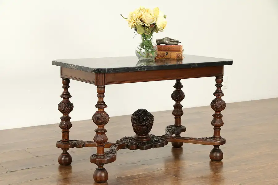 Main image of Renaissance Carved Walnut Antique Coffee Table, Black Marble Top