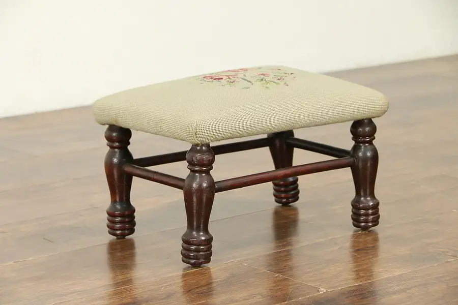 Main image of Mahogany Antique Footstool, Hand Stitched Needlepoint Upholstery