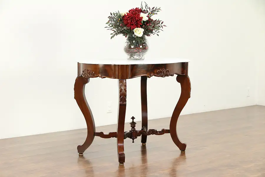 Main image of Victorian Antique Carved Mahogany Marble Turtle Top Lamp or Hall Table