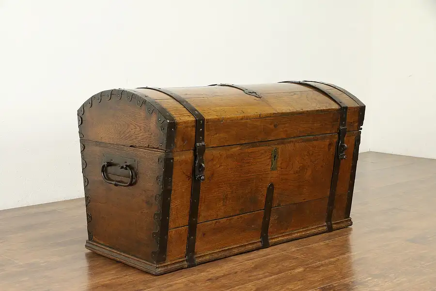 Main image of Dome Top Antique 1830 Oak Trunk or Pirate Chest, Iron Bindings