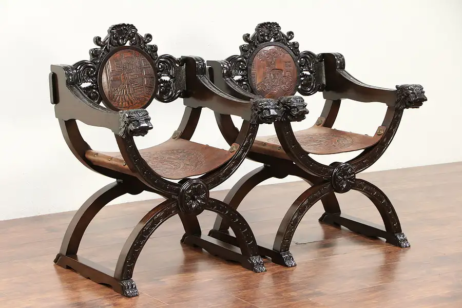 Main image of Pair Antique Italian Savonarola Chairs, Tooled Leather Crests, Lion Heads