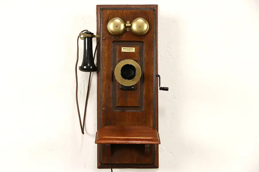 Main image of Oak Western Electric Signed Antique Wall Phone & Dial, Crank Generator, Pat 1910