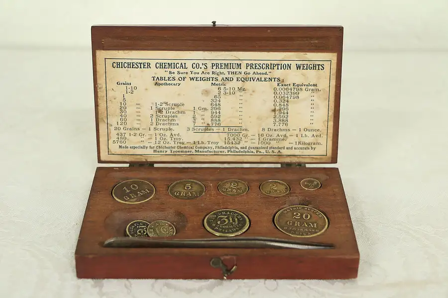 Main image of Set of 10 Brass Antique Prescription Scale Weights, Case, Troemner