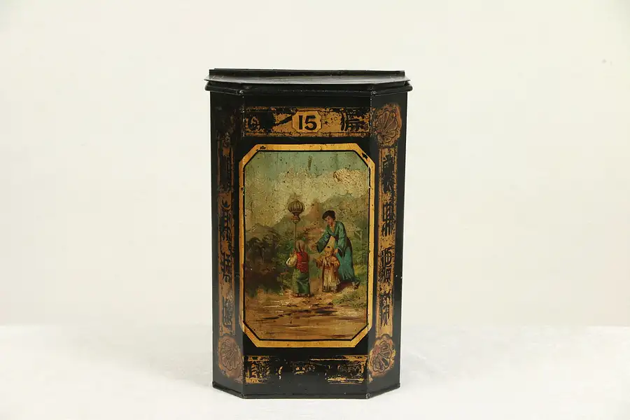 Main image of Victorian Antique English Hand Painted Tin Tea Bin, Signed Parnall