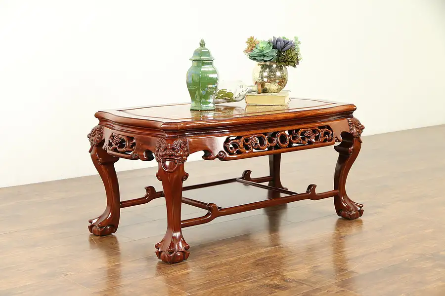 Main image of Chinese Rosewood Vintage Coffee Table, Pearl Inlay, Carved Temple Lions