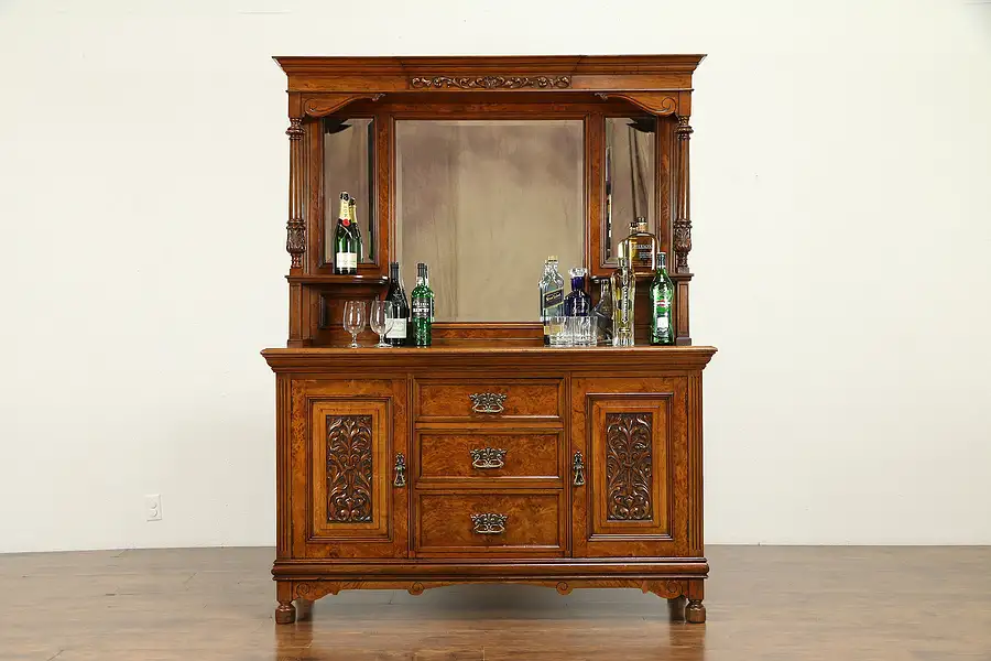 Main image of English Antique Burl Sideboard, Server or Back Bar, Beveled Mirrors