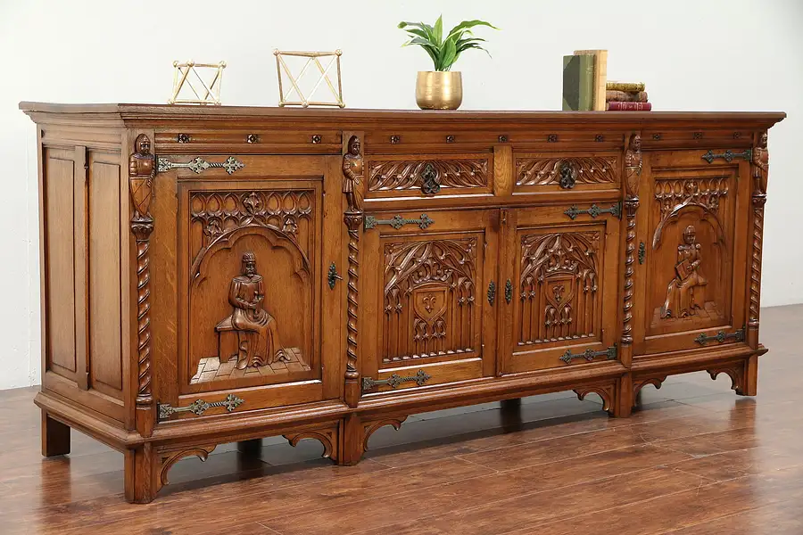 Main image of Oak Antique Sideboard, Server, TV Console Cabinet, Gothic Carved Knights