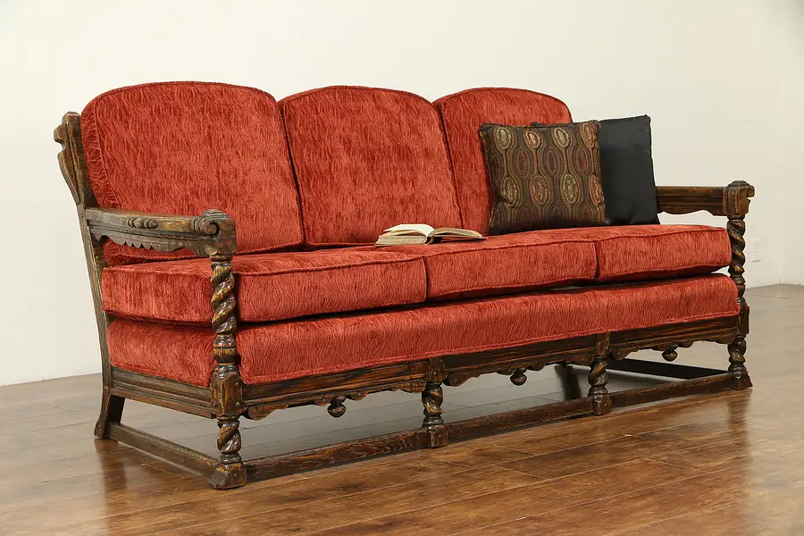 Main image of English Tudor Antique Carved Oak Club Sofa, Kittinger, New Upholstery