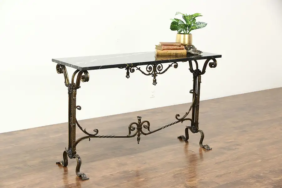 Main image of Wrought Iron & Black Marble 1915 Antique Console, Hall or Sofa Table