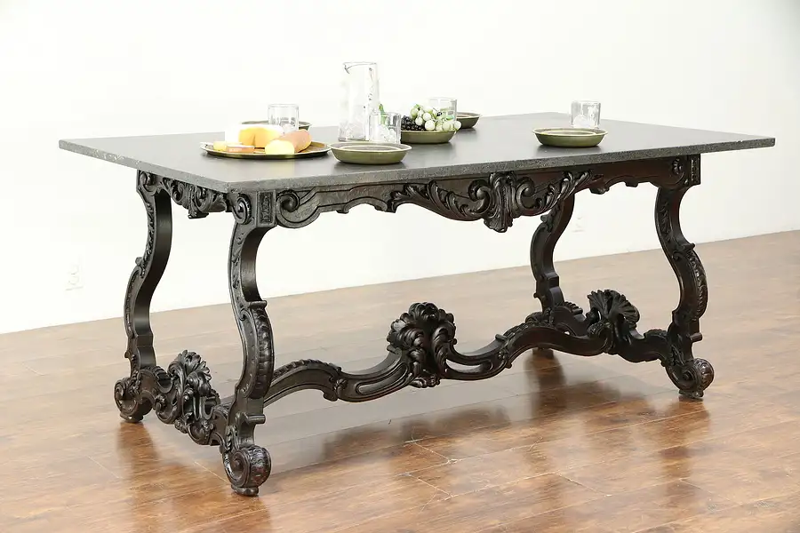 Main image of Italian Antique Carved Walnut Dining, Library or Hall Table, Marble Top